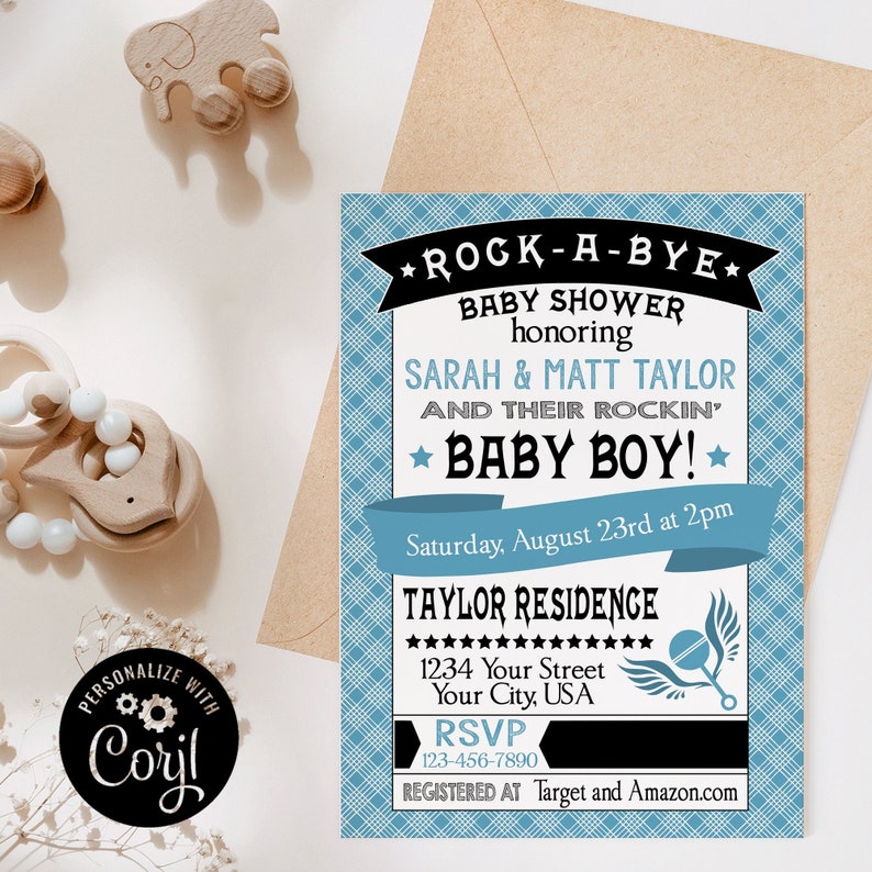 K&ouml;nnte beinhalten: Blau-wei&szlig;e Babyparty-Einladung mit dem Text "Rock-A-Bye Baby Shower zu Ehren von Sarah & Matt Taylor und ihrem rockenden Baby Boy!" Samstag, 23. August um 14:00 Uhr. Taylor Residence 1234 Your Street Your City, USA RSVP 123-456-7890 Registriert bei Target und Amazon.com