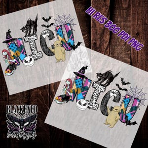 Może przedstawiać: Projekt cyfrowy przedstawiający słowo "NICU" w kolorowych literach patchworkowych w stylu Koszmaru przed Świętami. Litery są ozdobione postaciami takimi jak Jack Skellington, Sally i Zero, pies-duch.