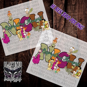 Puede incluir: Un diseño colorido con el texto "Respiratory Therapist" en un estilo de dibujos animados. Las letras están decoradas con personajes de una popular serie animada. El diseño incluye un dinosaurio morado y el texto "Hi Res 300 DPI PNG".