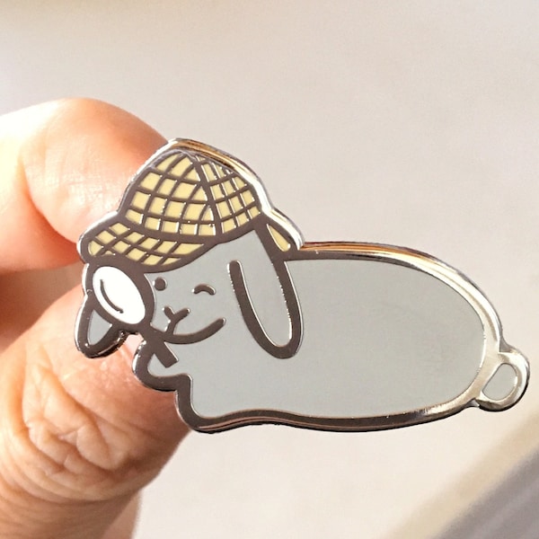 Detective Flopsy Bunny Pin, Cute Rabbit Enamel Pin, Funny Animal Pet Gray Lop Bun Pin