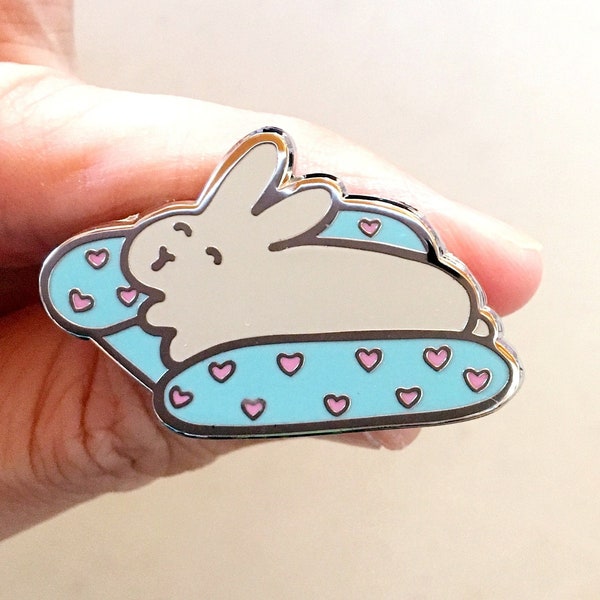 Sleepy Rabbit Pin | Cute Gray Bunny in Bed Hard Enamel Pin, Kawaii Pet Animal House Rabbit Sleeping Pastel Lapel Pin