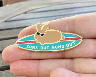 Suns Out Buns Out Funny Enamel Pin, Surfboard Bunny Rabbit Lapel Pin, Summer Cute Kawaii Animal Enamel Pin