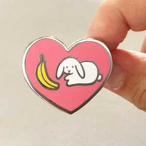 Bunny Loves Banana Enamel Pin, Rabbit Valentine's Day Pin, Cute Funny Pink Heart Pin, Kawaii White Lop Bunny Pin