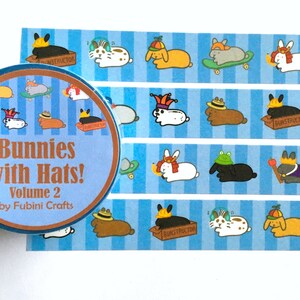 Ruban adhésif en Washi, volume 2, 15 mm x 10 m, lapins avec chapeaux, longs lapins, articles de papeterie en forme de lapin kawaii, ruban adhésif bleu