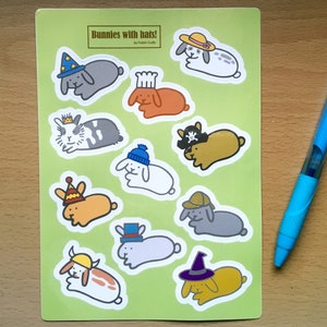 Bunnies with Hats! Sticker Sheet, Bunny Rabbit Animal Stickers, Cute Kawaii Waterproof Stickers, Lop Rabbit Spotted Bunny Pet Stickers