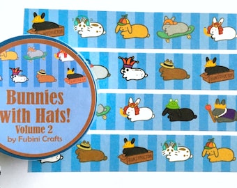 Bunnies with Hats Volume 2 Washi Tape 15mm x 10m, Cute Rabbit Lop Washi Tape, Kawaii Rabbit Stationary, Blue Washi Tape