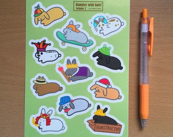 Bunnies with Hats Volume 2 Sticker Sheet, Bunny Rabbit Stickers, Cute Kawaii Waterproof Stickers, Lop Rabbit Spotted Bunny Pet Stickers