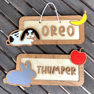 Personalized One Bunny Name Sign with Fruit, Cute Custom Rabbit Wood Sign