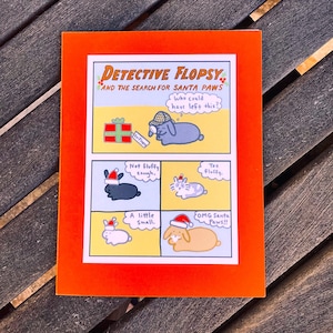 Tarjeta navideña de cómic de conejito, divertida tarjeta de felicitación navideña de conejito, linda tarjeta festiva de conejo