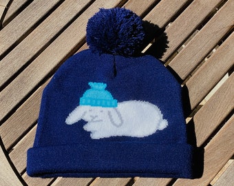 Beanie Bunny Beanie, Navy Blue White Rabbit Beanie Warm Hat