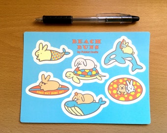 Beach Buns Sticker Sheet, Bunny Rabbit Animal Stickers, Cute Kawaii Waterproof Stickers, Lop Rabbit Summer Pet Stickers