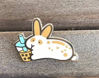 Boba Bunny Pin, Milk Tea Rabbit Enamel Pin, Spotted Bunny Accessory