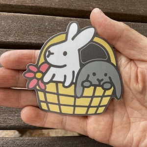 Basket of Bunnies Sticker, Spring Easter Bunny Sticker, Cute White Gray Rabbit Sticker