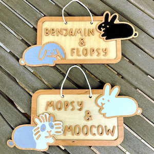 Personalized Two Bunny Name Sign 10&quot; x 4.5&quot;, Cute Custom Rabbit Wood Sign
