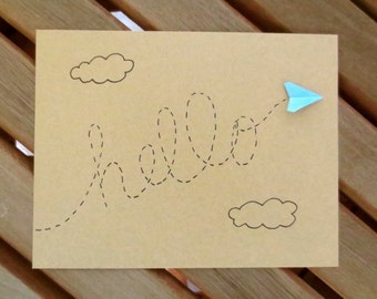 hello card, paper airplane card, cute card, any occasion card, friend card, blank card, thinking of you card, plane card, hi card