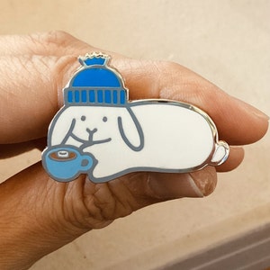 Beanie Bunny Enamel Pin, Hot Cocoa Winter Bunny Pin, Cute Rabbit Pin, White Holland Lop Bunny Pin image 1
