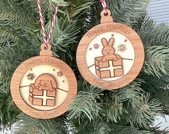 Personalized Wood Bunny Present Ornament (Choose one), Cute Custom Rabbit Christmas Ornament