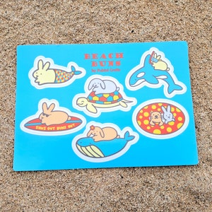 Beach Buns Sticker Sheet, Bunny Rabbit Animal Stickers, Cute Kawaii Waterproof Stickers, Lop Rabbit Summer Pet Stickers