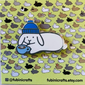 Beanie Bunny Enamel Pin, Hot Cocoa Winter Bunny Pin, Cute Rabbit Pin, White Holland Lop Bunny Pin image 2