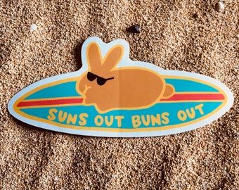 Suns Out Buns Out Bunny Sticker, Funny Rabbit Surfing Laptop Cute Kawaii Beach Summer Sticker