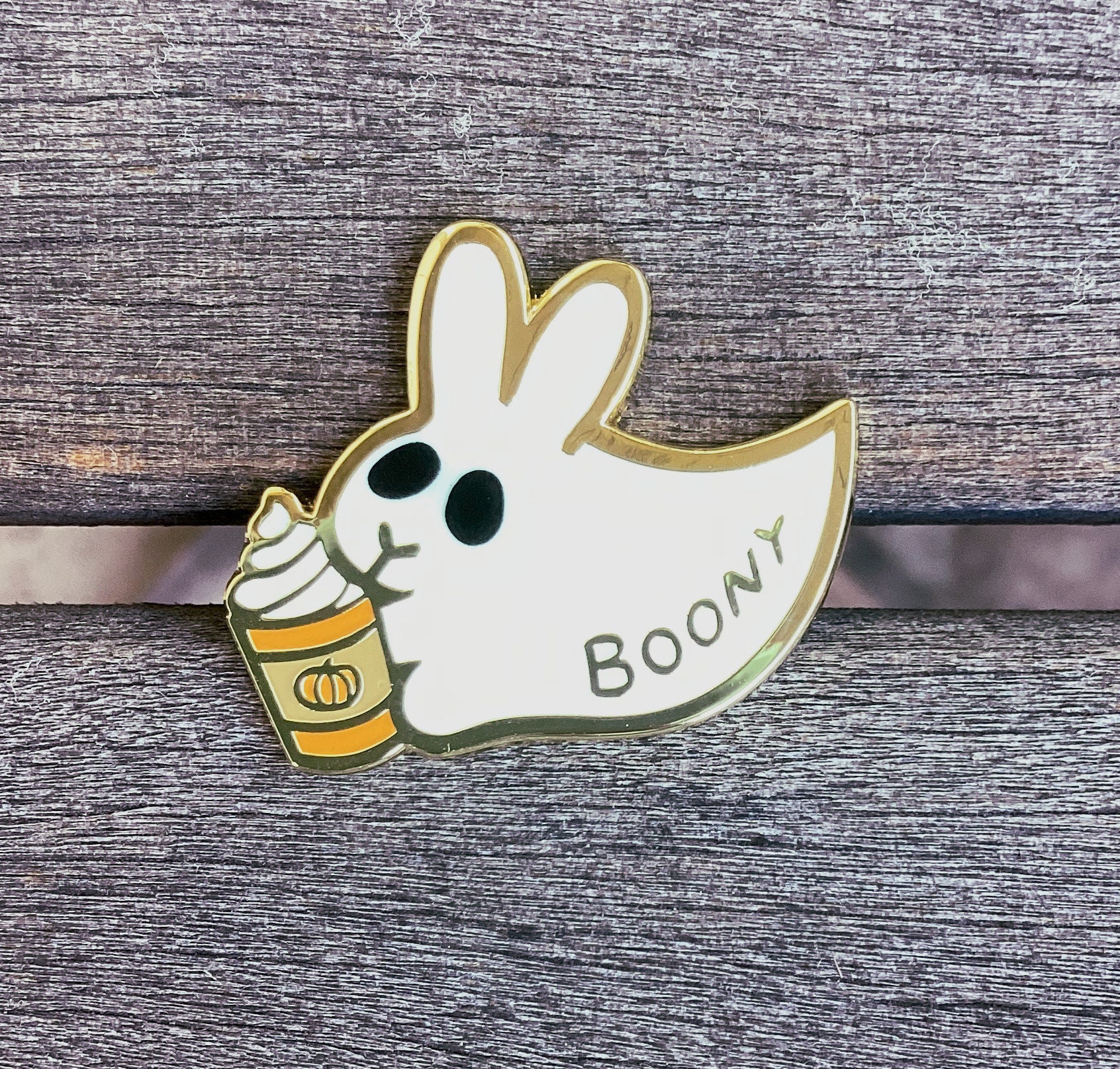 Glow-in-the-Dark Ghost Rabbit Enamel Pin: Pumpkin Spice Latte
