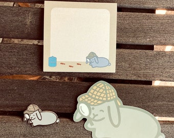 Detective Flopsy BUNDLE - B-Grade Pin, Sticker, and Post-its!