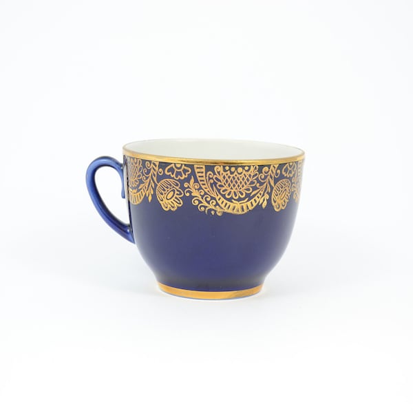 Vintage Lomonosov USSR Teacup  Cobalt Blue Gold Golden Frieze Pattern
