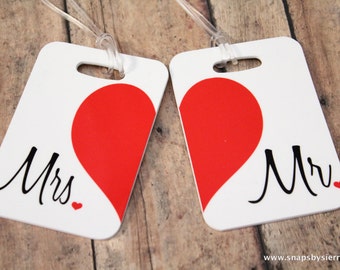 Mr. Mrs. Name Tags Luggage Traveling Honeymoon | Double Sided Personalized Custom Tags | Couple Gift Bridal Shower Wedding Suitcase Backpack