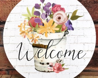 Welcome Floral door sign - Wreath Sign - Spring Flowers - Spring Decor - Faux Brick - Gifts under 25 - House warming Gift - Wildflowers