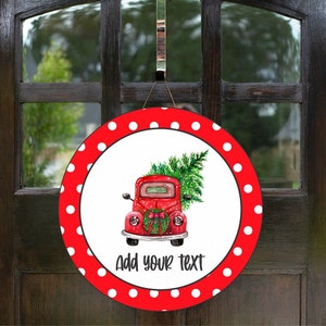 Red and white Polka Dot Vintage Red Truck with Christmas Tree Door/Wreath Sign, Wreath Attachment, Door Decor, Wreath Decor, Farmhouse Decor