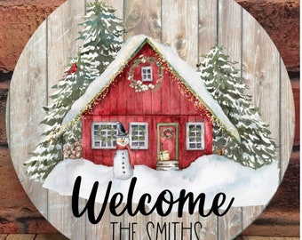 Christmas Cabin Red Barn Snowma Door/Wreath Sign, Red Cardinal, Wreath Attachment, Door Decor, Front Door Sign, Faux wood, Welcome Sign