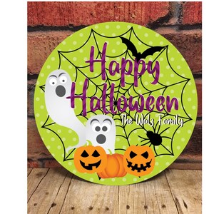 Green Happy Halloween Round Door Hanger, Wreath Attachment, Ghost, Pumpkin, Holiday Sign, Spider, Trick or Treat, Spider Web Haunted House