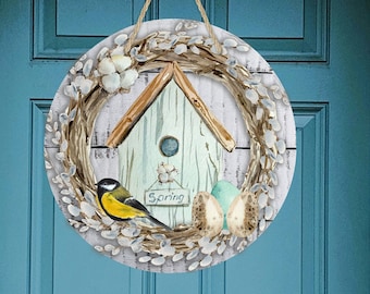 Wreath/Door Hanger, Faux Wood, Yellow, Bird House Wreath, Spring Sign, Spring Decor, Wreath Sign, Holiday Sign, Bird Decor