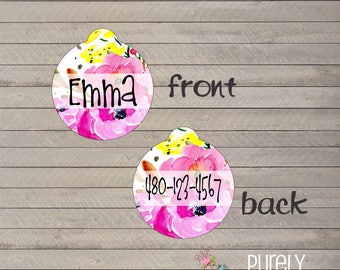 Floral Personalized Pet Name ID Tag Dogs Cats Cute Round Orange Collar Tag Double Sided  Custom Gift Adoption Pet Parent Friend Kitten Puppy