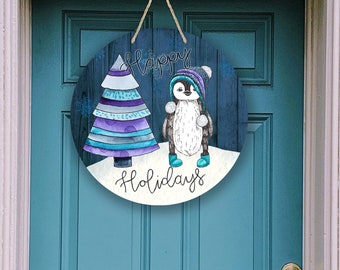 Penguin blue faux wood Christmas Door Hanger, Wreath Sign, Wreath Attachment, Snowy Sign, Holiday Decor, Holiday Decor, Holiday Sign