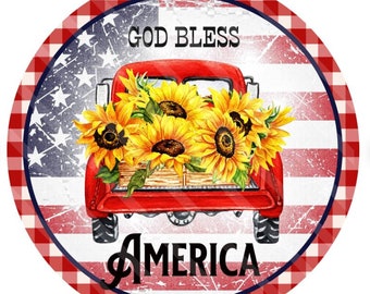 God Bless America - Vintage Truck with Sunflowers - 4th of July Door/Wreath Sign - Plaid - Americana-  Distressed Flag - Red, White & Blue