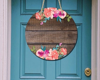 Welcome Dark Faux Wood and Floral Door/Wreath Sign, Door Decor, Farmhouse, Front Door Sign, Floral Sign, Faux Wood Sign, Flowers & Wood