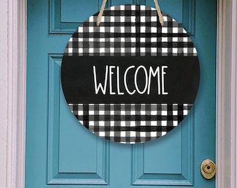 Welcome Buffalo Plaid Welcome Sign, Door Hanger, Door Decor, Wreath decor, Wreath Sign, black and white