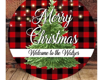 Christmas Buffalo Plaid Welcome Sign, Door Hanger, Door Decor, Wreath decor, Wreath Sign, Black and White, Christmas tree sign,