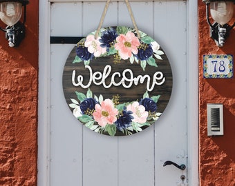 Welcome Dark Faux Wood and Floral Door/Wreath Sign, Door Decor, Farmhouse, Front Door Sign, Floral Sign, Faux Wood Sign, Flowers & Wood