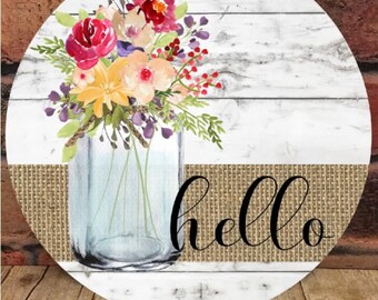 Hello Floral door sign - Wreath Sign - Spring Flowers - Spring Decor - Faux Wood - Gifts under 25 - House warming Gift -  - Wildflowers