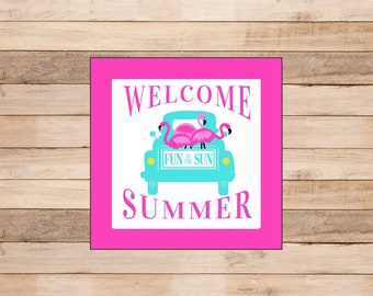 Welcome Summer Flamingo Wreath Sign, Wreath Attachment, Door Decor, summer decor, door sign, vintage truck