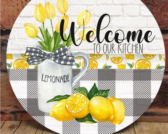 Welcome to Our kitchen lemon sign - Plaid lemonade sign - Tulip flowers - faux brick sign - Kitchen Decor - Lemon Decor