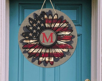 Sunflower Flag Rustic Faux Burlap Door/Wreath Sign, Door Decor, Front Door Sign, Flag Sign, Red, White & Blue, American Flag