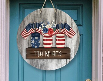 Patriotic Mason Jars 4th of July Door/Wreath Sign, Wreath Attachment, Door Decor, Front Door Sign, Flag Sign, Red, White & Blue