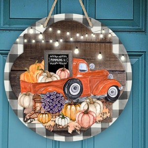 Fall Red Truck Buffalo Plaid Sign, Pumpkin Sign, Door Hanger, Door Decor, Wreath decor, Wreath Sign, black and white