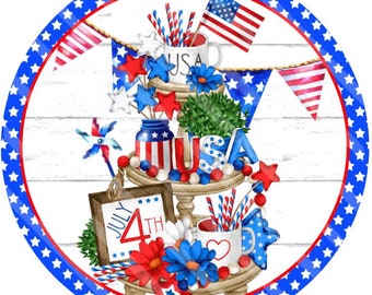 Patriotic 4th of July Tiered Tray Door/Wreath Sign, Wreath Sign - Red, White & Blue - Americana - Fourth of July - USA - Blue Stars