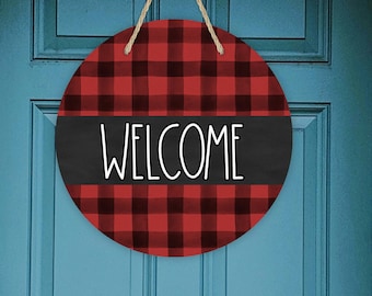 Welcome Buffalo Plaid Welcome Sign, Door Hanger, Door Decor, Wreath decor, Wreath Sign, black and red, farmhouse style