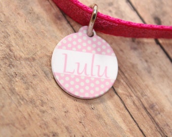 Personalized Pet Name ID Tag Dogs Cats | Cute Round Polka Dot Collar Tag Double Sided | Custom Gift Adoption Pet Parent Friend Kitten Puppy