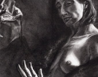Original Charcoal Drawing Female Figure Drawing on Canvas Monochromatic Home Decor Wall Art for Living Room Bedroom Fine Art Gift Moody